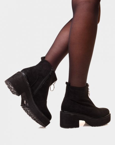 Low black suedette ankle boots with silver zip