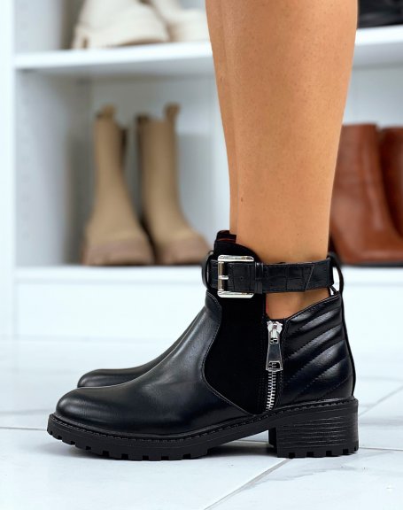 Low black zipped ankle boots with straps