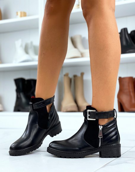 Low black zipped ankle boots with straps