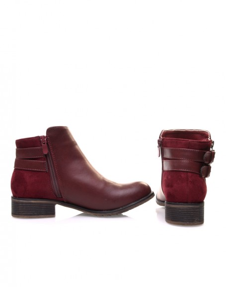 Low burgundy ankle boots with silver straps
