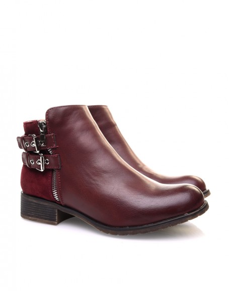 Low burgundy ankle boots with silver straps