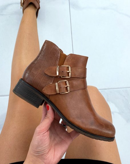Low camel ankle boots with double straps