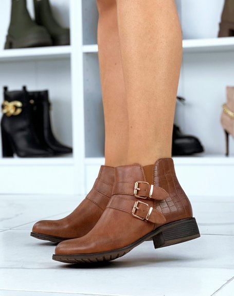 Low camel ankle boots with double straps