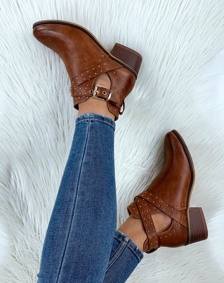Low camel open ankle boots