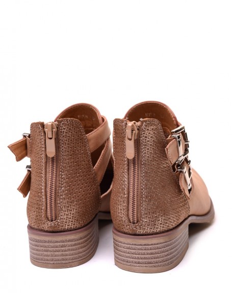 Low-cut openwork camel ankle boots with straps