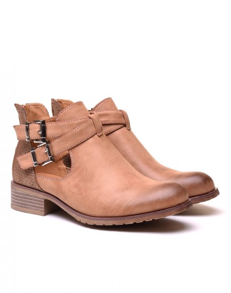 Low-cut openwork camel ankle boots with straps