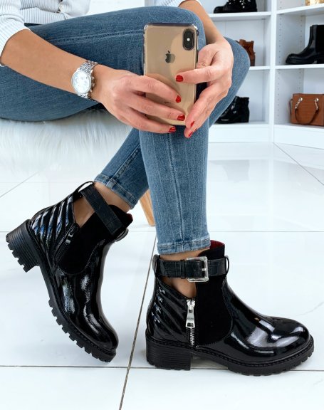 Low-cut patent ankle boots with zipped straps