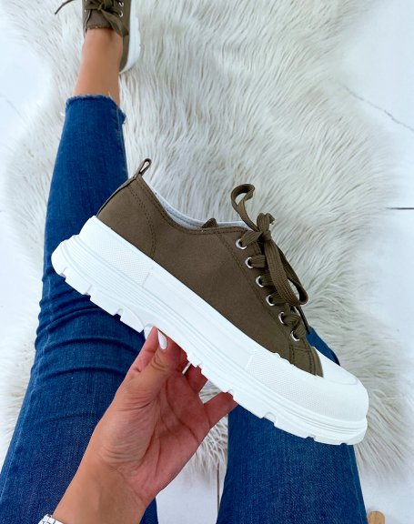 Low khaki fabric sneaker with thick white lug sole