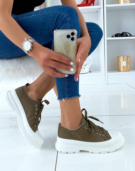 Low khaki fabric sneaker with thick white lug sole