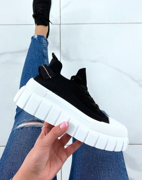 Low sneakers in black elastic fabric with thick sole
