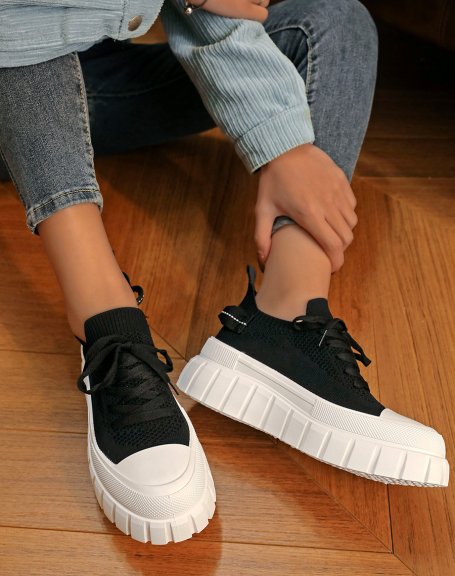 Low sneakers in black elastic fabric with thick sole
