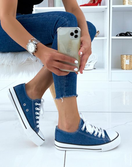 Low-top sneakers in denim-effect fabric with laces