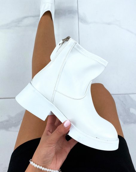 Low white faux leather sock-effect ankle boots