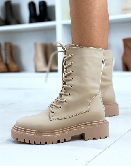 Matte beige high-top ankle boots with lace and heeled sole