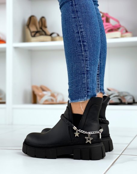 Matte black ankle boots with braided chain and silver stars
