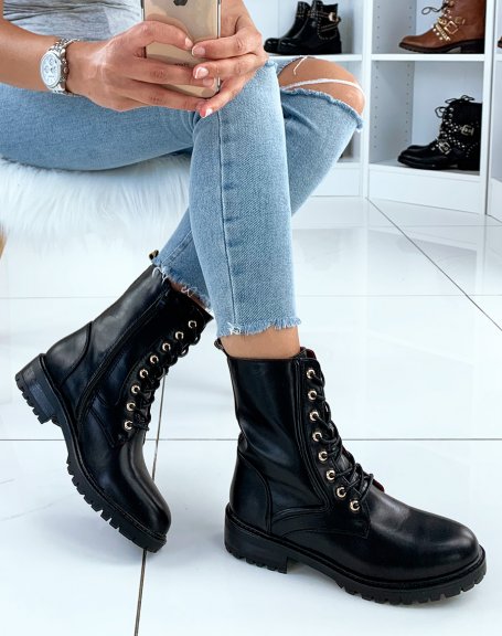 Matte black ankle boots with eyelets