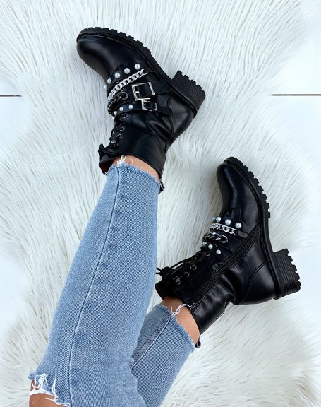 Matte black ankle boots with large pearls and chains