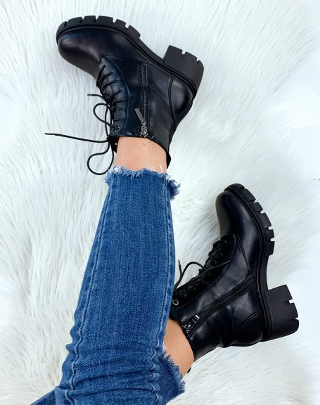 Matte black ankle boots with mid-high heel