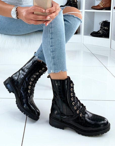 Matte black croc-effect ankle boots with eyelets