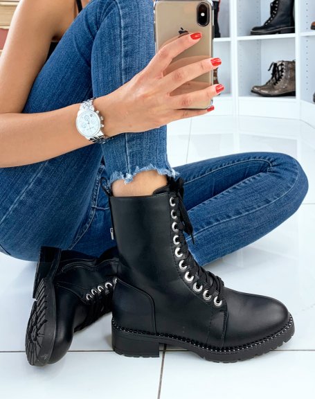 Matte black high ankle boots with silver detail