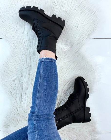 Matte black lace-up ankle boots