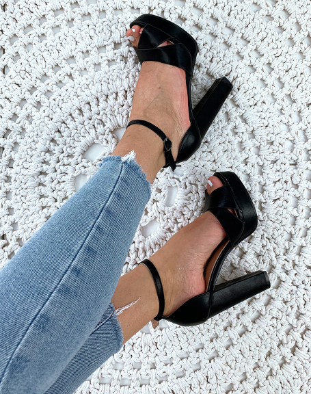 Matte black square heel platform sandals