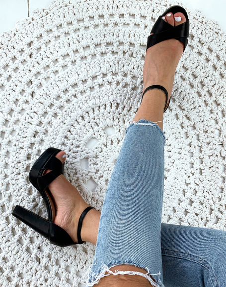 Matte black square heel platform sandals