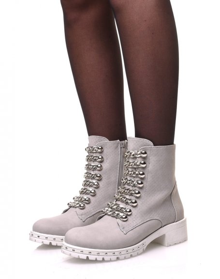 Matte gray ankle boots with chains
