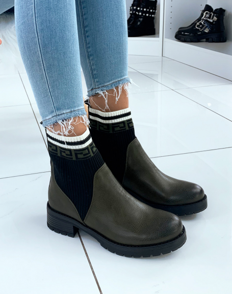 Matte khaki sock-effect ankle boots