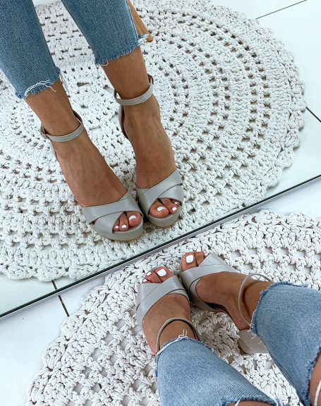 Matte light gray square heel platform sandals