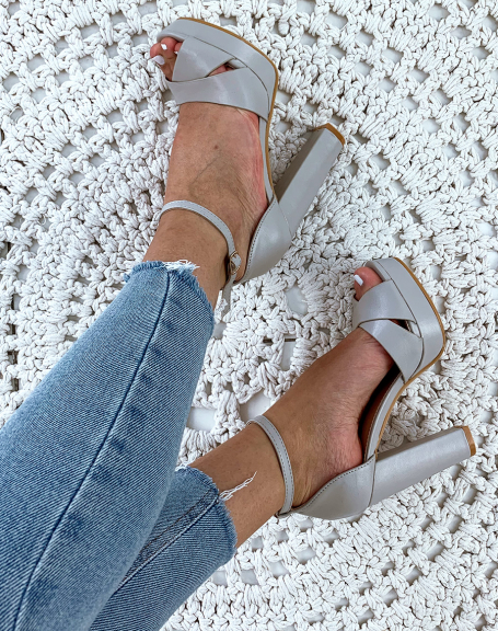 Matte light gray square heel platform sandals