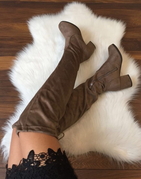 Mid-heeled suedette taupe thigh-high boots
