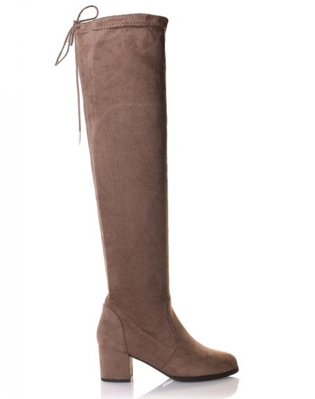 Mid-heeled suedette taupe thigh-high boots