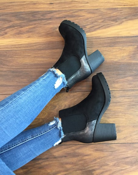Mid-high black bi-material ankle boots