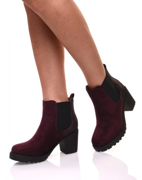 Mid-high burgundy bi-material ankle boots