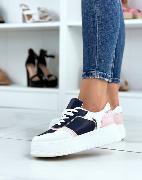 Midnight blue, white, pink and gold sneakers