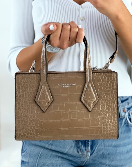 Mini beige croc-effect handbag