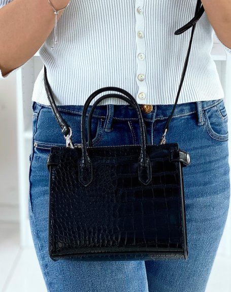 Mini black croc-effect handbag