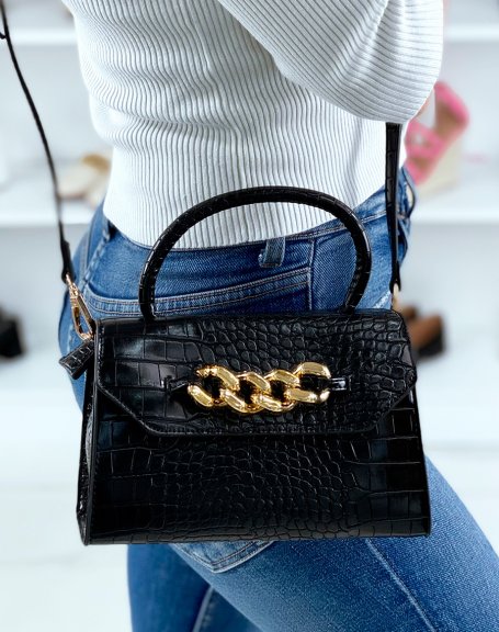 Mini black croc effect handbag with gold chain