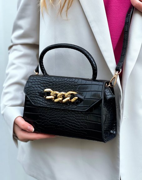 Mini black croc effect handbag with gold chain
