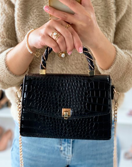 Mini black croc-effect handbag with gold details