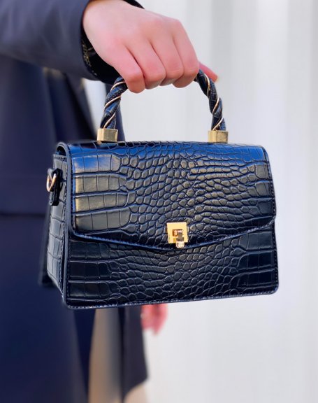 Mini black croc-effect handbag with gold details