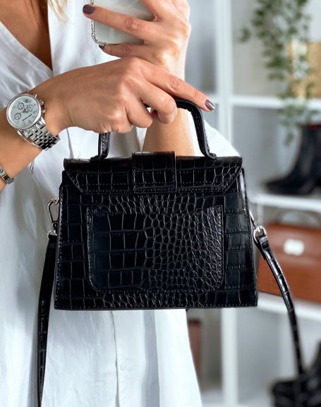 Mini black croc-effect square strap bag