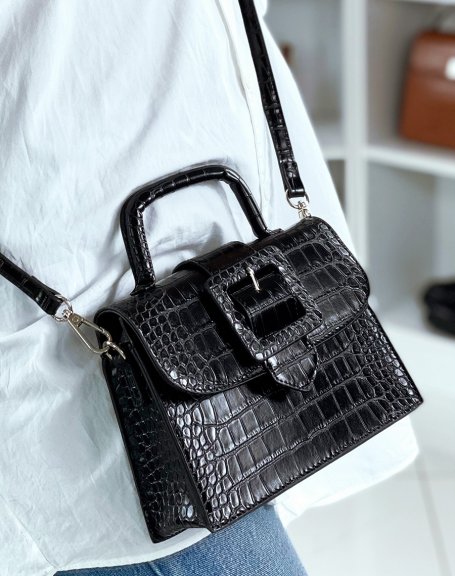 Mini black croc-effect square strap bag