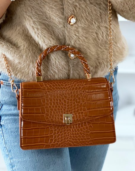 Mini camel croc-effect handbag with gold details