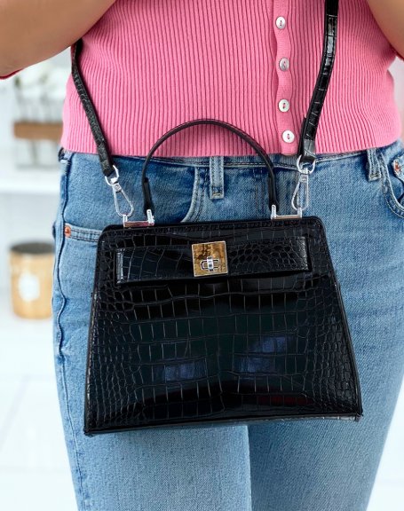 Mini patent black croc-effect handbag