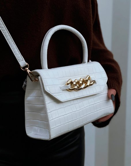 Mini white croc effect handbag with gold chain