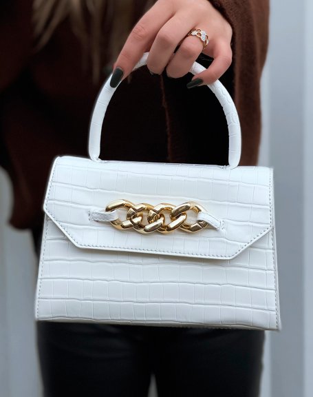 Mini white croc effect handbag with gold chain