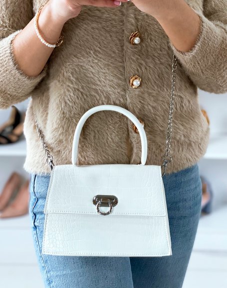 Mini white croc-effect trapeze handbag