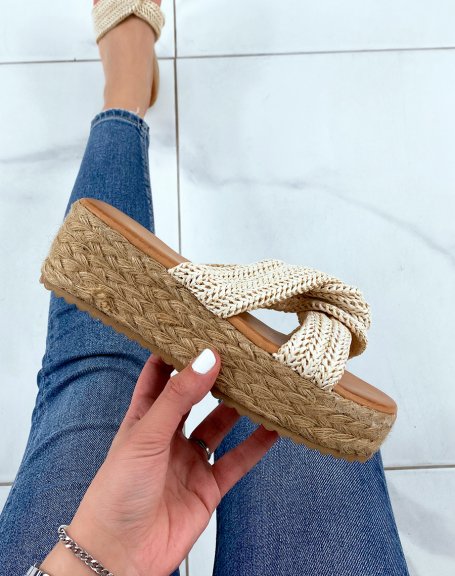 Mules with crossed straps in beige rope and thick hessian sole